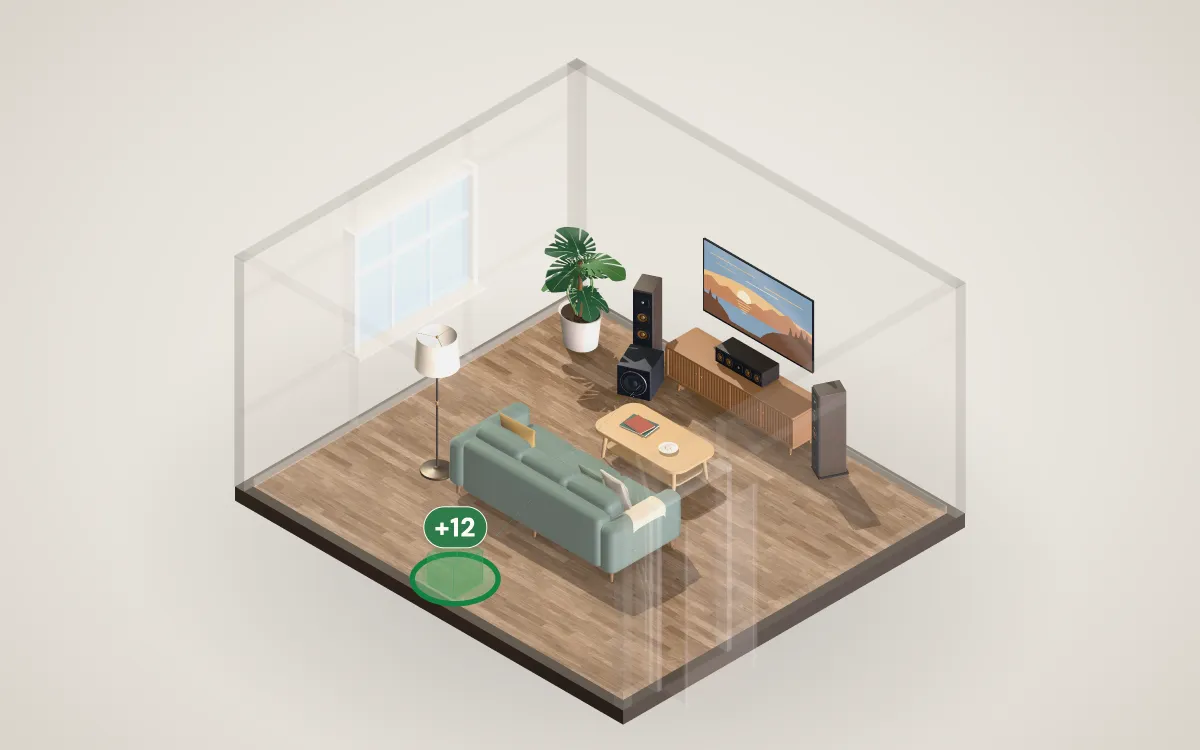 Room Studio’s improvement guide placing an acoustic panel at a first-reflection point.