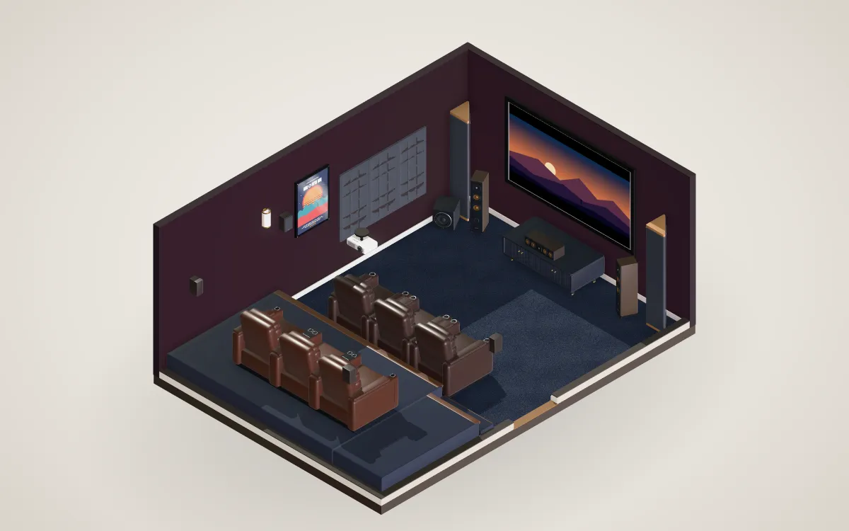 A windowless dedicated home theater with dark walls, a 120-inch projection screen, two rows of three recliners with the back row on a platform, and 7.1 surround.