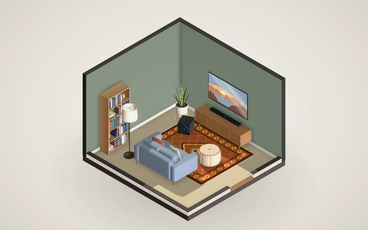 Small den with a loveseat facing a 65-inch TV and soundbar.