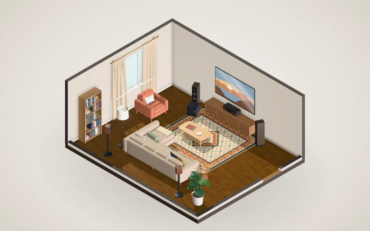 Family room with a sectional sofa, an 85-inch TV and 5.1 surround.