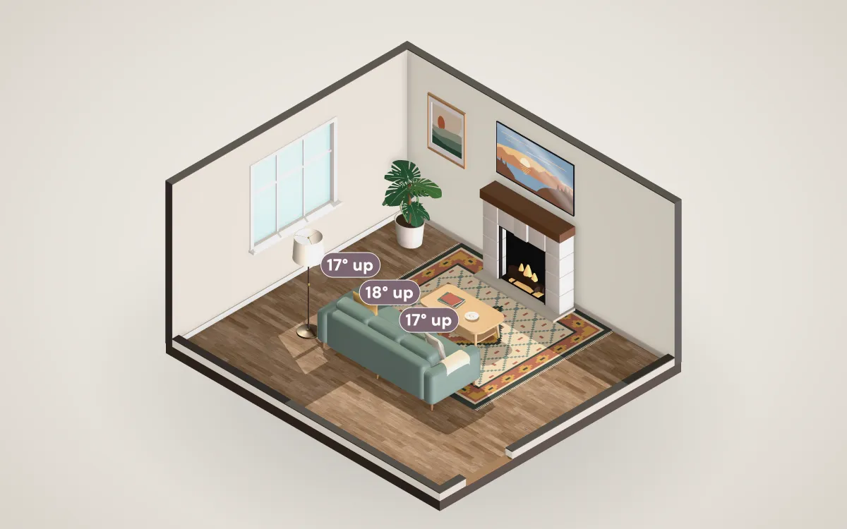 Living room with a TV mounted above a fireplace mantel; the sightline from the sofa to the screen tilts steeply upward.
