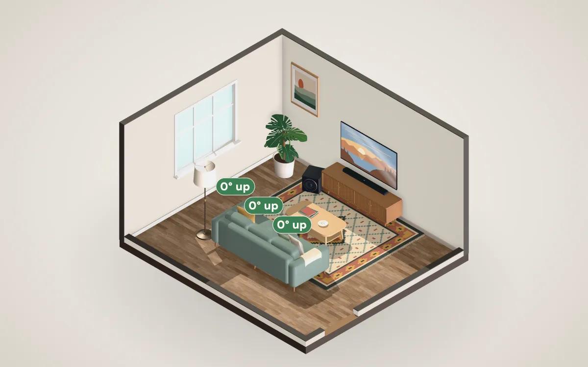 Living room with a 65-inch TV mounted with its center at seated eye height, showing the gentle line of sight from the sofa.