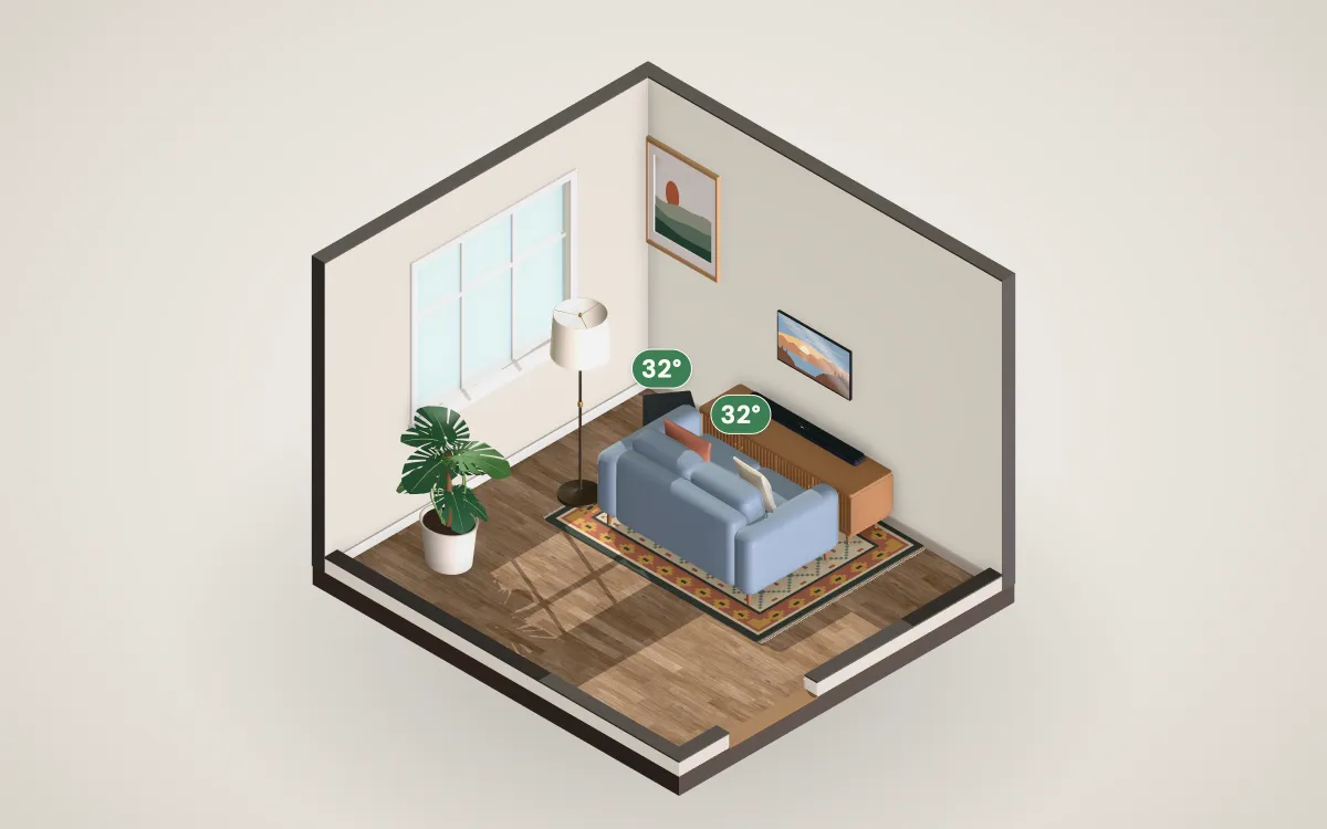 3D cutaway of a 11 by 10 foot living room with a 32-inch TV on the wall and a loveseat at the recommended distance.