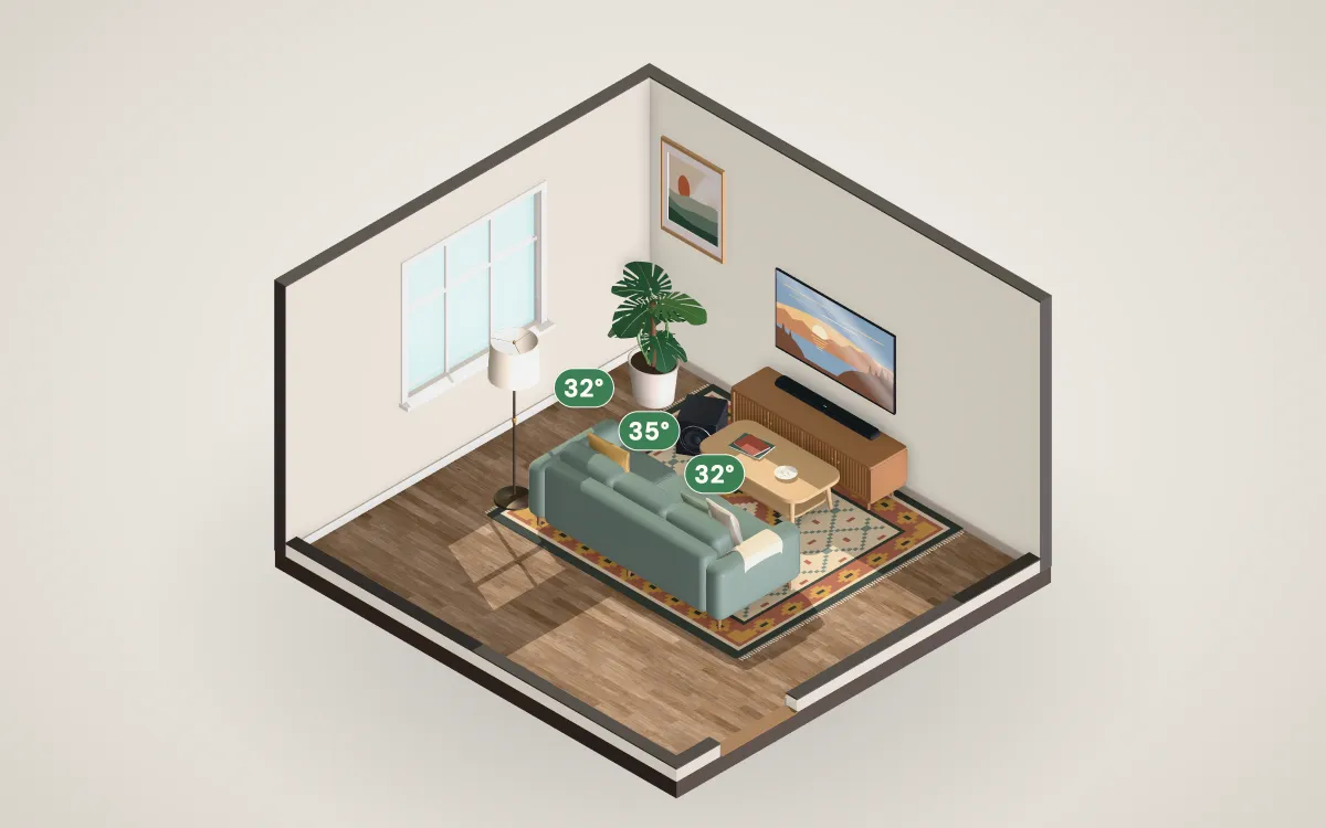 3D cutaway of a 14 by 13 foot living room with a 60-inch TV on the wall and a sofa at the recommended distance.
