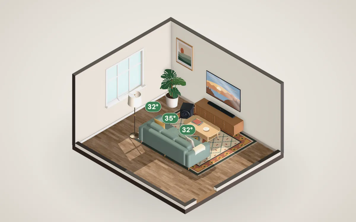 3D cutaway of a 15 by 13 foot living room with a 65-inch TV on the wall and a sofa at the recommended distance.