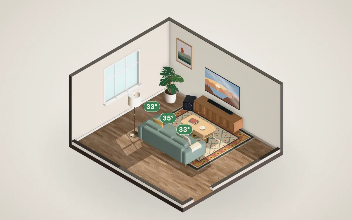 3D cutaway of a 16 by 14 foot living room with a 70-inch TV on the wall and a sofa at the recommended distance.