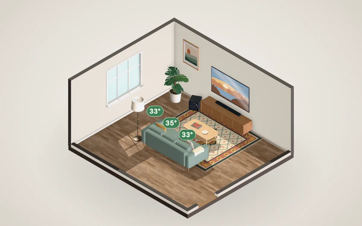 3D cutaway of a 17 by 15 foot living room with a 77-inch TV on the wall and a sofa at the recommended distance.