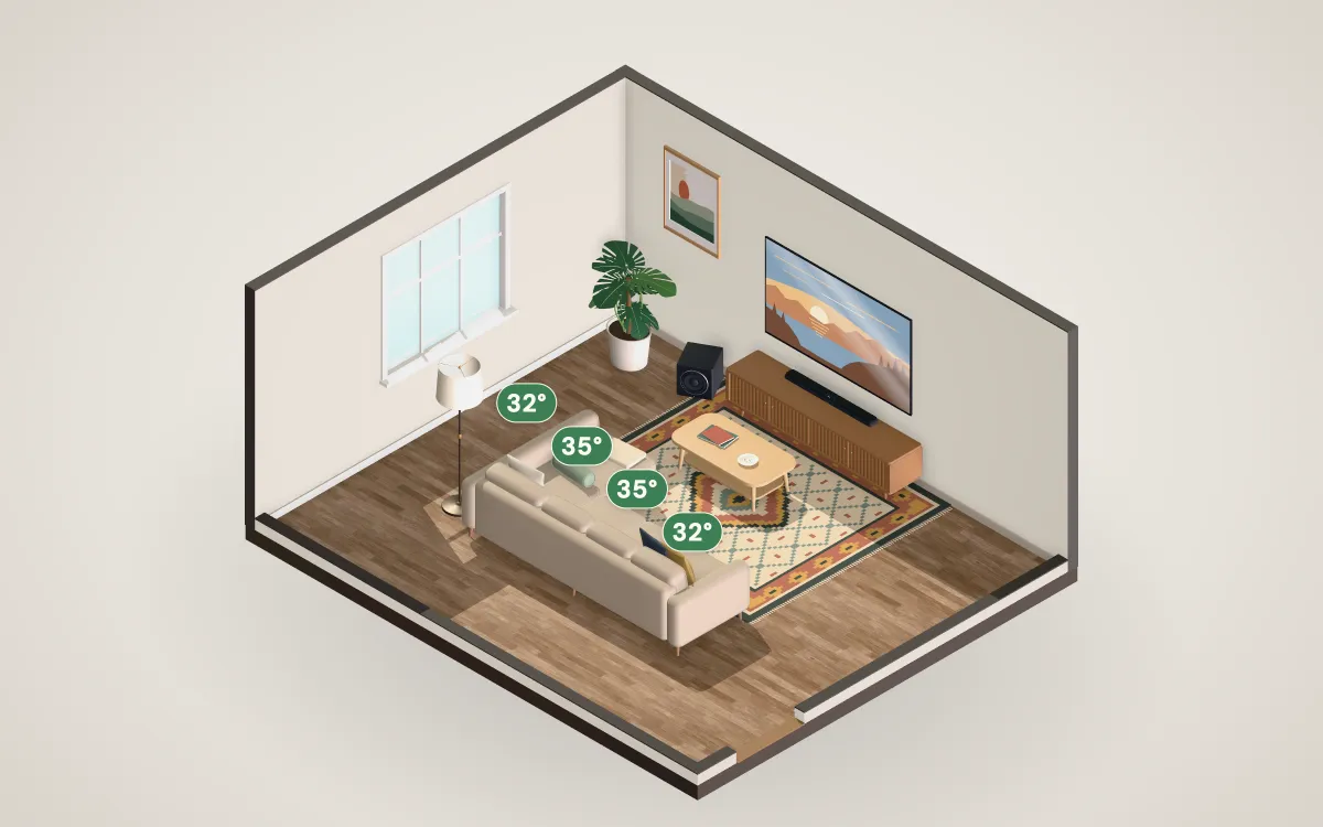 3D cutaway of a 18 by 15 foot living room with a 83-inch TV on the wall and a sectional sofa at the recommended distance.