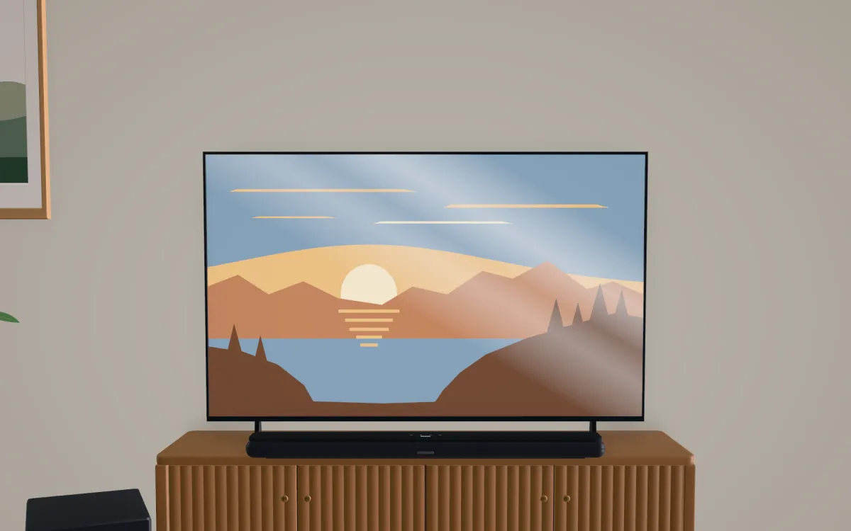 The view from the sofa of a 65-inch TV standing on a console, with a soundbar on the console in front of it.