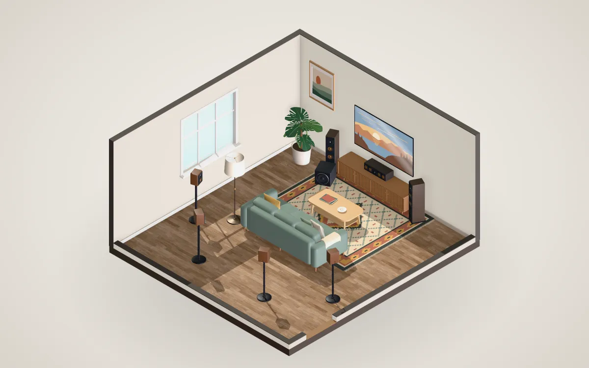 Room with a 7.1 layout: three front speakers, side and rear surrounds, and a subwoofer.
